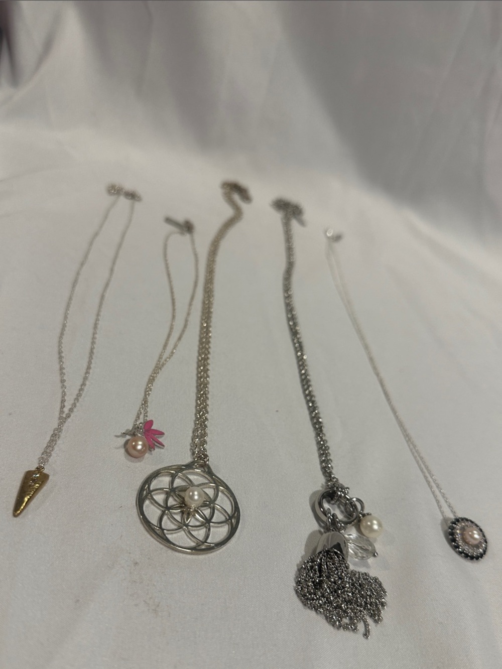 Silver Pearl Pendant Necklace with Geometric and Charm Accents
